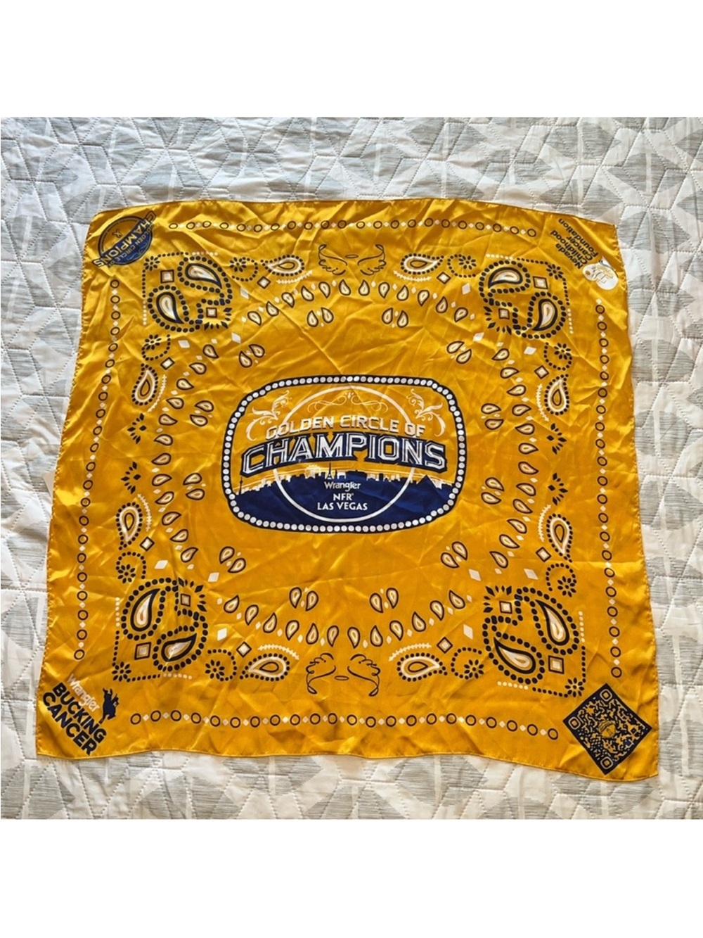 NFR Wrangler Yellow Bandana with Navy Bucking Design